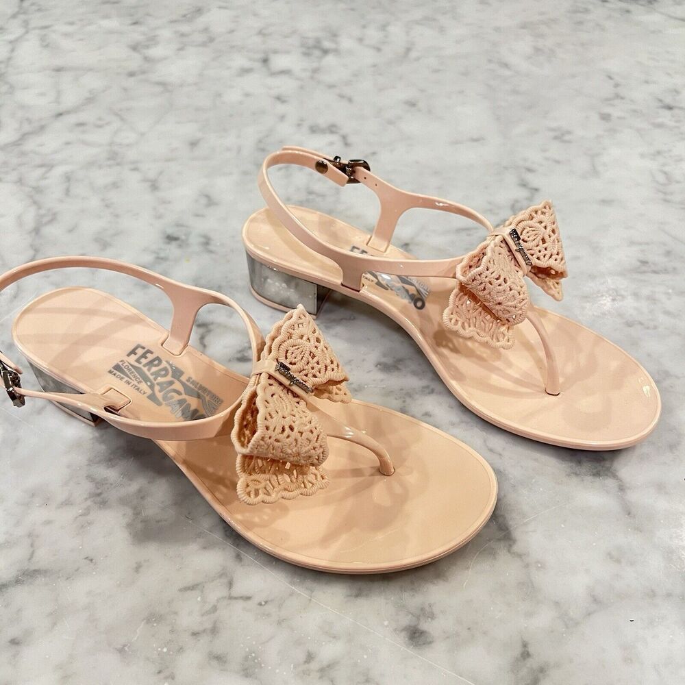 Salvatore Ferragamo Pale Pink Perala Jelly Buckle Lace Bow Sandals Heels Size 7
